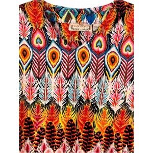 Boho Peacock Feather Tunic Small Top Colorful Statement Flowy Blouse